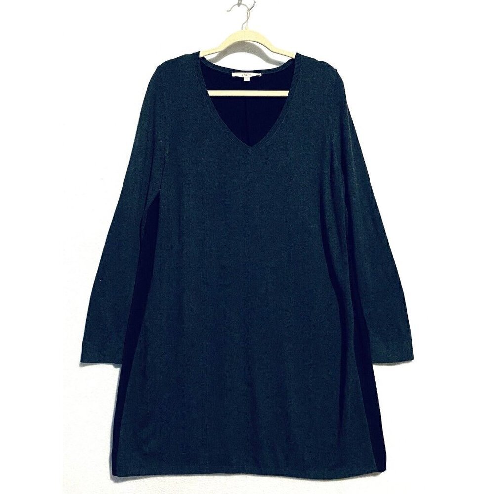 LOFT Dress Womens Large Gray Black Sweater Knit Woven Lagenlook Minimalist